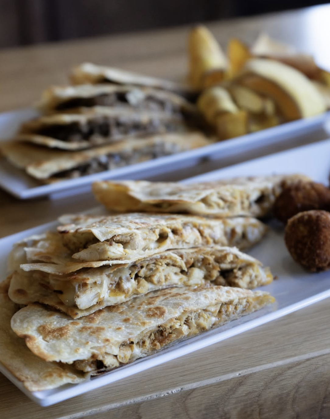 Chicken and steak quesadillas with plantains